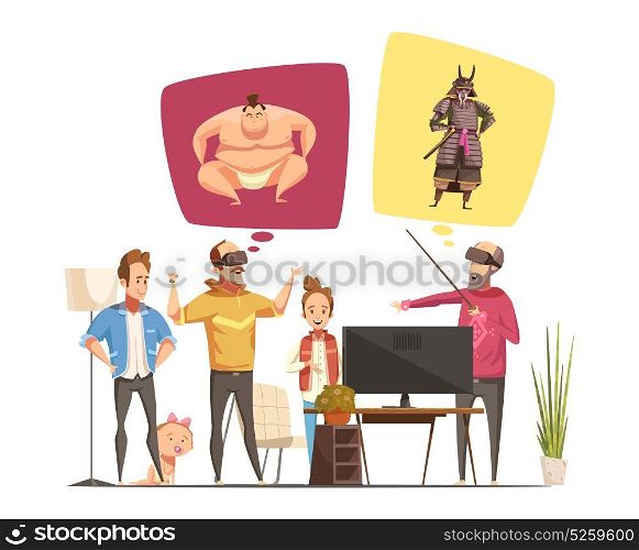 Family Hobbies Design Concept . Family hobbies design concept with family members cartoon figurines and their virtual reality glasses flat vector illustration