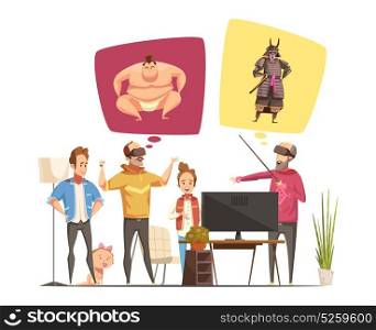 Family Hobbies Design Concept . Family hobbies design concept with family members cartoon figurines and their virtual reality glasses flat vector illustration