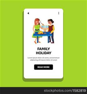 Family Holiday Celebrate Couple Together Vector. Young Man And Woman Light Menorah Candles And Preparing Table For Festive Family Dinner. Characters Celebrating Tradition Web Flat Cartoon Illustration. Family Holiday Celebrate Couple Together Vector
