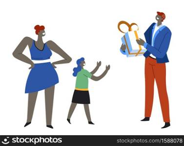 Family holiday celebration, dad giving present to daughter vector. Isolated man and woman with kid. Happy child on birthday. Personage making present for little girl. Parents and infant flat style. Family holiday celebration, dad giving present to daughter