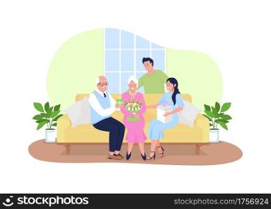 Family holiday celebration together 2D vector web banner, poster. Grandparents, grandchildren flat characters on cartoon background. Mothers day printable patch, colorful web element. Family holiday celebration together 2D vector web banner, poster