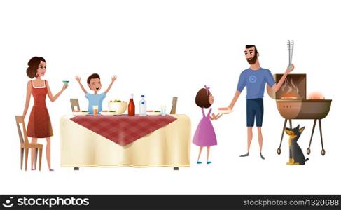 Family Holiday Dinner Cartoon Vector with Mother Holding Goblet, Joyful Son at Table and Daughter Grilling Meat with Father Illustration Isolated on White Background. Happy Parents Resting With Kids
