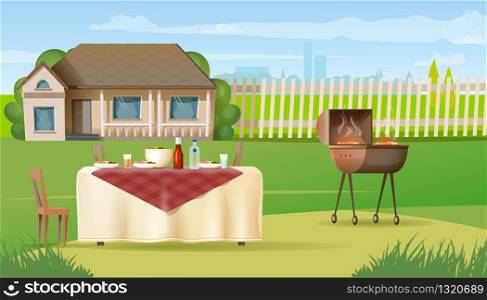 Family Holiday Dinner Cartoon Vector with Salad in Bowl, Steak Cooked on Barbeque Grill in Plates and Drinks Standing at Table Covered Tablecloth Illustration. Summer Picnic near Country House Concept