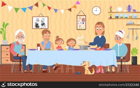 Family holiday dinner. Thanksgiving table, holidays big feast meal. Traditional christmas evening, cartoon people eating together decent vector scene. Illustration of table dinner, family meal. Family holiday dinner. Thanksgiving table, holidays big feast meal. Traditional christmas evening, cartoon people eating together decent vector scene