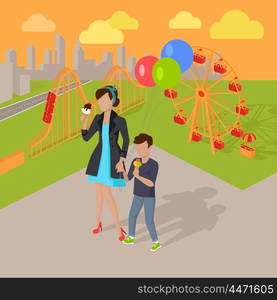 Family Holiday in the Amusement Park Concept. Family holiday in the amusement park vector illustration. City entertainment in the summer vacation concept. Child birthday walk. Woman and child eating ice-cream near attractions. .