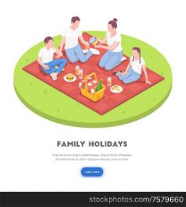 Family holidays isometric background concept with clickable learn more button text and round composition of images vector illustration