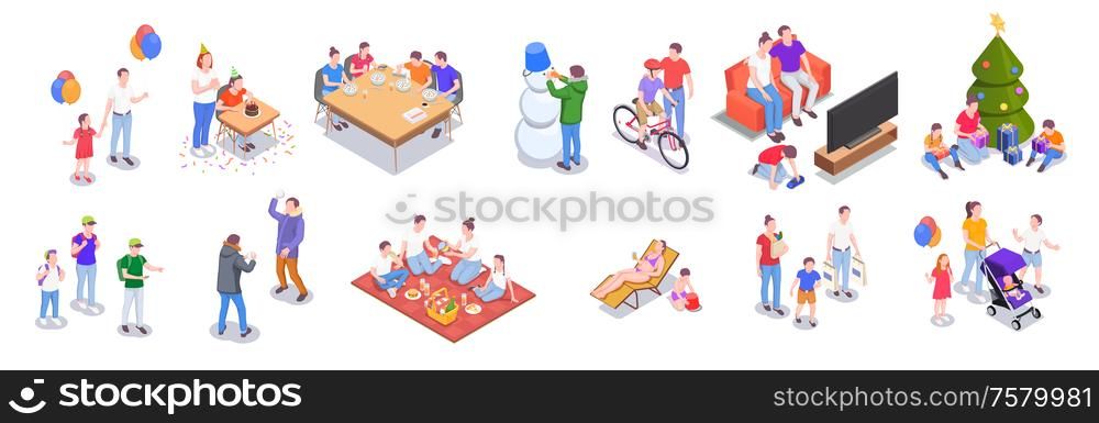 Family holidays isometric collection of isolated objects and human characters of family members relatives with shadows vector illustration