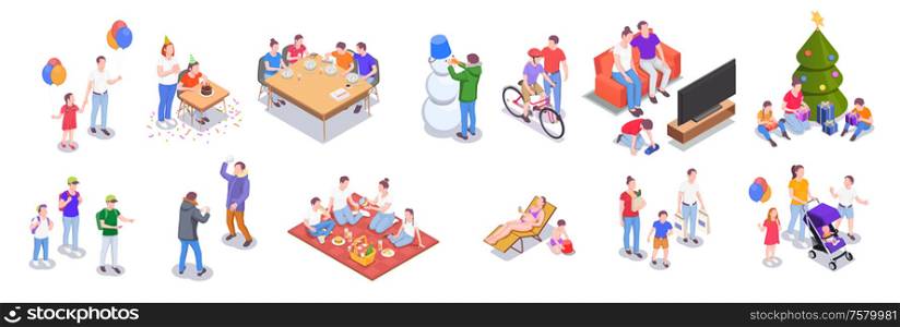 Family holidays isometric collection of isolated objects and human characters of family members relatives with shadows vector illustration