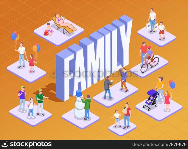Family holidays isometric composition with 3d text and human characters of adult people children family members vector illustration