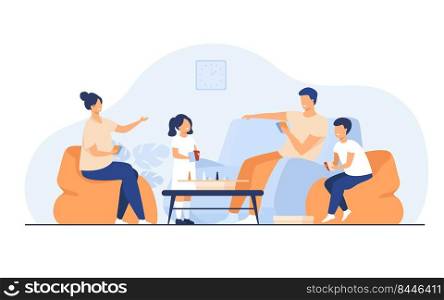 Family home activities concept. Happy boy and girl with parents playing board games with cards and dices in living room. For entertainment, togetherness, having together topics