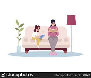 Family home activity semi flat RGB color vector illustration. Woman and girl read books together. Parent and child sit on couch. Mother and daughter isolated cartoon character on white background. Family home activity semi flat RGB color vector illustration