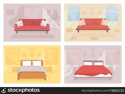 Family home flat color vector illustration. Contemporary couch. Toys on floor. Double bed for lounge. Household for couple. Bedroom and living room 2D cartoon interior with furnishing on background. Family home flat color vector illustration