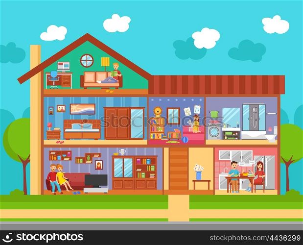 Family Home Interior Design Concept. Family home interior flat design concept with furniture parents and children rooms kitchen and bathroom in cartoon style vector illustration