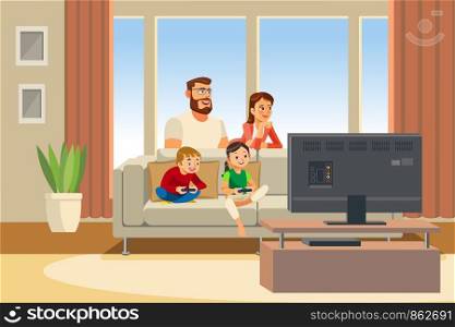 Family Home Leisure Cartoon Vector Illustration. Father and Mother Resting in Living Room while Son and Daughter with Gamepads, Sitting on Sofa and Playing Video Games. Parents Spending Time with Kids