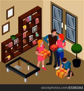 Family home living room interior event celebration isometric composition with parents daughter son opening presents vector illustration . Family Home Celebration Isometric 