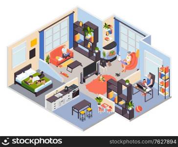 Family home remote work with laptop isometric view of bedroom living room mother with baby vector illustration