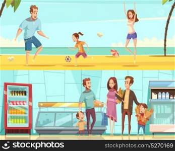 Family Horizontal Cartoon Banners. Family two horizontal banners with adults and children making purchase in shop interior and resting on sea beach flat cartoon vector illustration