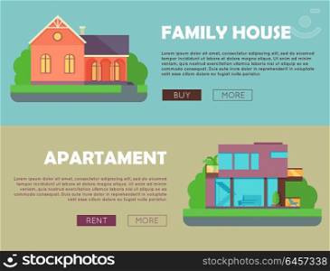 Family House, Apartment Advertising Flyer Poster. Family house, apartment advertising flyer poster banner. Ad cover leaflet. Countryside or city architecture. Part of series of modern buildings in flat design style. Real estate concept. Vector