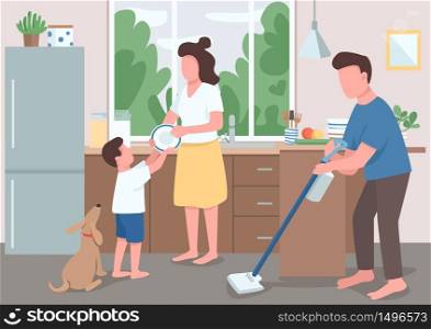 Family house cleanup flat color vector illustration. Dad mopping kitchen floor. Boy help mother wash dishes. Parent cleaning house. Relatives 2D cartoon characters with interior on background
