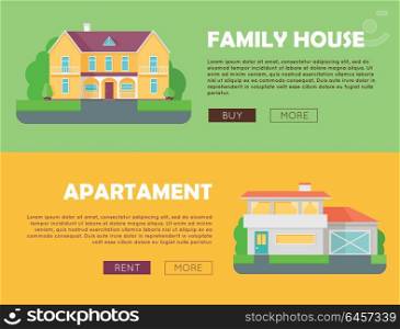 Family House Concept. Modern Apartment Concept.. Family house concept. Modern apartment concept. Set of website templates. Modern apartment building in flat. Colorful residential hous. Home, building, house exterior, real estate, modern house.