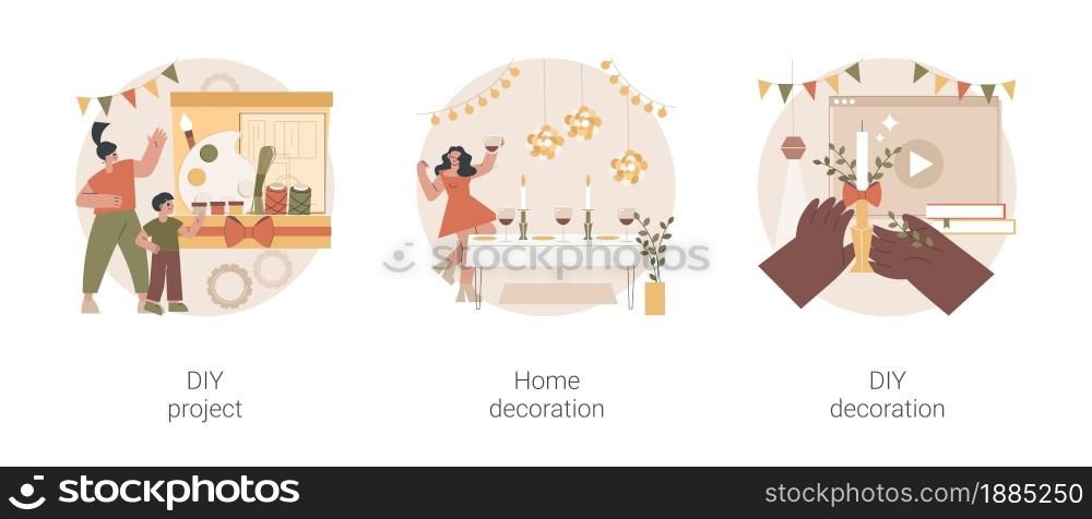 Family house decor abstract concept vector illustration set. DIY decoration project, home holiday indoor decorative ideas, craft gift, house design, online tutorial, handmade abstract metaphor.. Family house decor abstract concept vector illustrations.