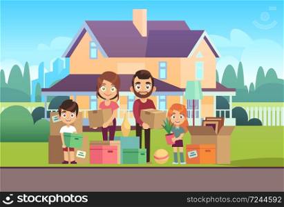Family house. Moving to new apartment happy young parents father mother son daughter kids outdoors front home building lifes for home move vector cartoon illustration. Family house. Moving to new apartment happy young parents father mother son daughter kids outdoors front home building lifes vector illustration