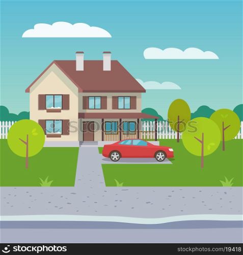 Family house village or town suburb property building with car flat vector illustration
