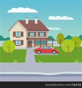 Family house village or town suburb property building with car flat vector illustration