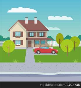 Family house village or town suburb property building with car flat vector illustration. Family House Flat