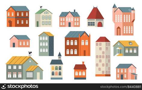 Family houses set. Suburban and country buildings, apartments and cottages for life in village or town. Can be used for real estate property, architecture, countryside, home topics