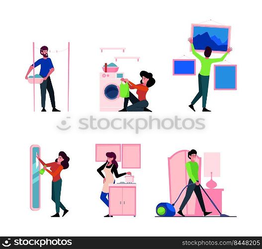 Family housework. Domestic housewife cleaning processes with family washing room garish vector cartoon illustrations set. Housewife and housework, household domestic. Family housework. Domestic housewife cleaning processes with family washing room garish vector cartoon illustrations set