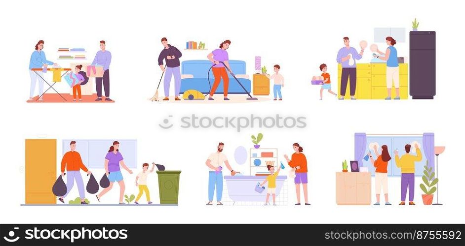 Family housework. Helpful kids help parents cleaning house, child helping home routine laundry bathroom closet kitchen, happy kid with vacuum or mop, vector illustration. Housework kids with family. Family housework. Helpful kids help parents cleaning house, child helping home routine laundry bathroom closet kitchen, happy kid with vacuum or mop, splendid vector illustration
