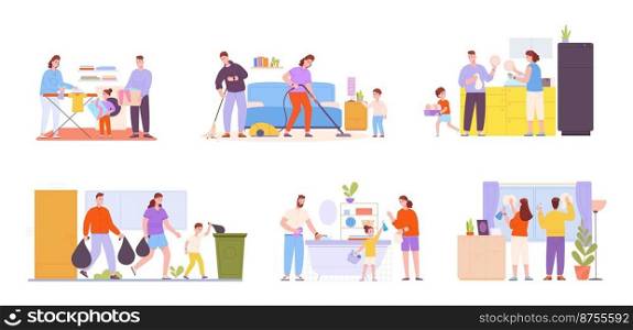 Family housework. Helpful kids help parents cleaning house, child helping home routine laundry bathroom closet kitchen, happy kid with vacuum or mop, vector illustration. Housework kids with family. Family housework. Helpful kids help parents cleaning house, child helping home routine laundry bathroom closet kitchen, happy kid with vacuum or mop, splendid vector illustration