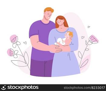 Family hug newborn baby. Mom and dad hold infant, smile young parents together. Support and care, parenthood concept. Kicky mother father kid vector characters of baby newborn illustration. Family hug newborn baby. Mom and dad hold infant, smile young parents together. Support and care, parenthood concept. Kicky mother father kid vector characters