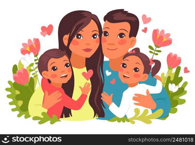 Family hugs. Happy parents and children characters portrait. Cartoon embracing people and flowers. Smiling dad and mom together with son and daughter. Positive relatives relationship. Vector concept. Family hugs. Happy parents and children characters portrait. Cartoon embracing people and flowers. Dad and mom together with son and daughter. Relatives relationship. Vector concept