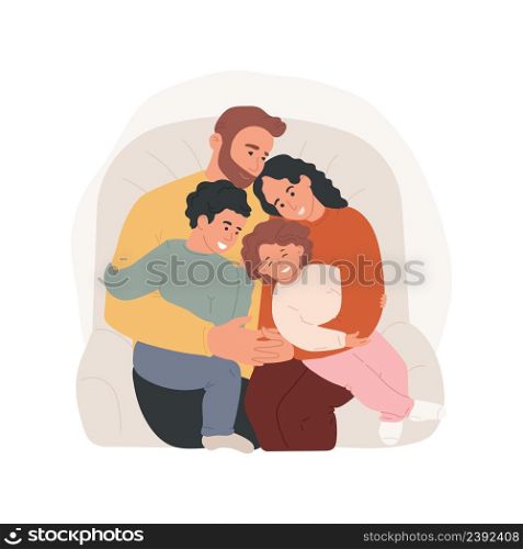 Family hugs isolated cartoon vector illustration Parents and kids hugging, sitting on the sofa, children in the middle, family happy moment, sharing affection, giving a hug vector cartoon.. Family hugs isolated cartoon vector illustration