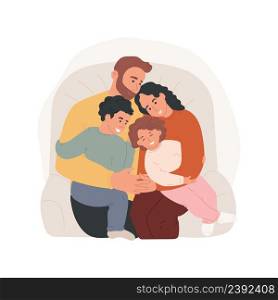 Family hugs isolated cartoon vector illustration Parents and kids hugging, sitting on the sofa, children in the middle, family happy moment, sharing affection, giving a hug vector cartoon.. Family hugs isolated cartoon vector illustration