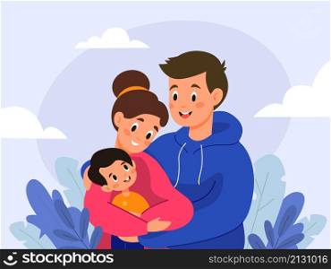 Family hugs. Little boy in parents arms, happy mom, dad and son, loving embrace, funny couple with child. Smiling man, woman and kid portrait, relationships vector cartoon flat style isolated concept. Family hugs. Little boy in parents arms, happy mom, dad and son, loving embrace, funny couple with child. Smiling man, woman and kid portrait, vector cartoon flat isolated concept
