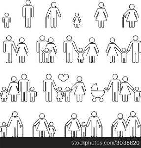Family human thin line outline vector icons. Family human thin line outline vector icons. Set of families in linear style, illustration family together mother father with baby
