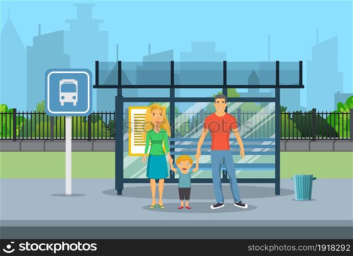 Family husband and wife with kid boy waiting for transit on a city bus stop. vector illustration in flat style. Family husband and wife with kid boy