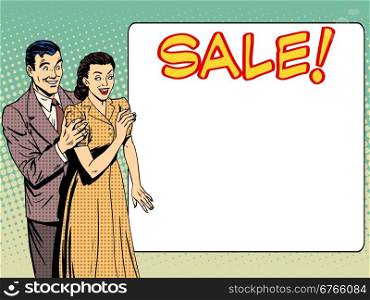 family husband wife announce sale. family husband wife announce sale. The man and the woman advertise discounts. Business concept goods services prices. Retro style pop art