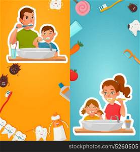 Family Hygiene Of Teeth Vertical Banners. Family hygiene of teeth vertical banners with parents and kids brushing dentals near sink isolated vector illustration