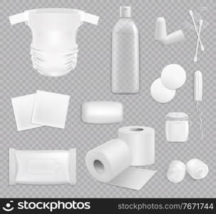 Family hygiene vector stuff toilet paper, baby diaper, wipes package and cotton pads. Soap, ear sticks and plugs, dental floss, woman t&on with oil bottle realistic 3d hygienic supplies isolated set. Family hygiene vector stuff, isolated supplies set