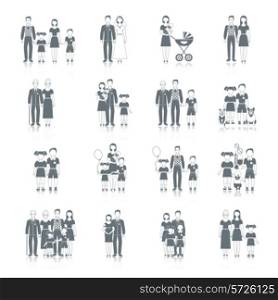 Family icon black set with loving couple male and female friends characters isolated vector illustration