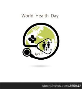 Family icon,Globe sign and stethoscope vector logo design template.World Health Day icon.World Health Day idea c&aign concept.Vector illustration
