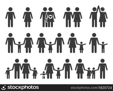 Family icons. Flat monochrome people group pictograms. Happy couples sign. Parents with children holding hands. Isolated men and women simple silhouettes template. Vector relationship symbols set. Family icons. Monochrome people group pictograms. Happy couples sign. Parents with children holding hands. Men and women simple silhouettes template. Vector relationship symbols set