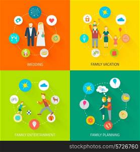 Family icons flat set with wedding vacation entertainment planning isolated vector illustration