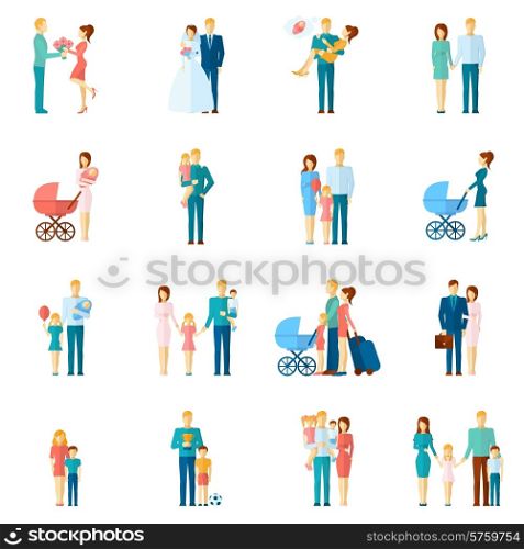 Family icons set with married couple people relationship symbols isolated vector illustration. Family Icons Set