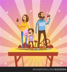 Family in amusement park. Cartoon happy family in amusement park with retro style attractions on background vector illustration