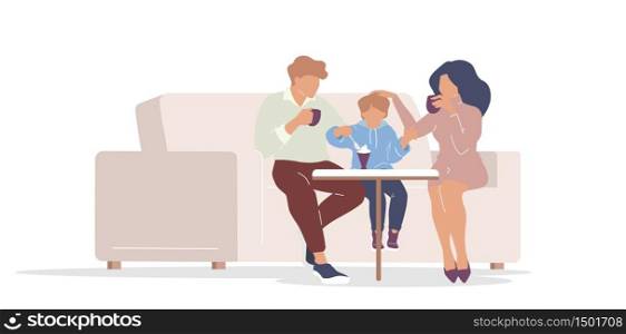 Family in cafe flat color vector faceless characters. Mother, father and kid drinking coffee and eating ice cream together isolated cartoon illustration for web graphic design and animation. Family in cafe flat color vector faceless characters